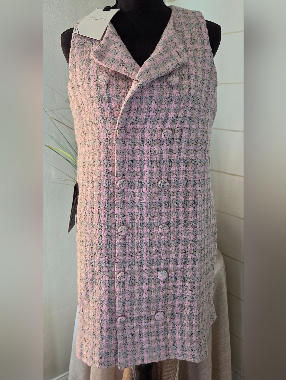 NWT Pomander Place Tuckernuck Pink Tweed Double Breasted Mini Vest Dress Large - Picture 2 of 7